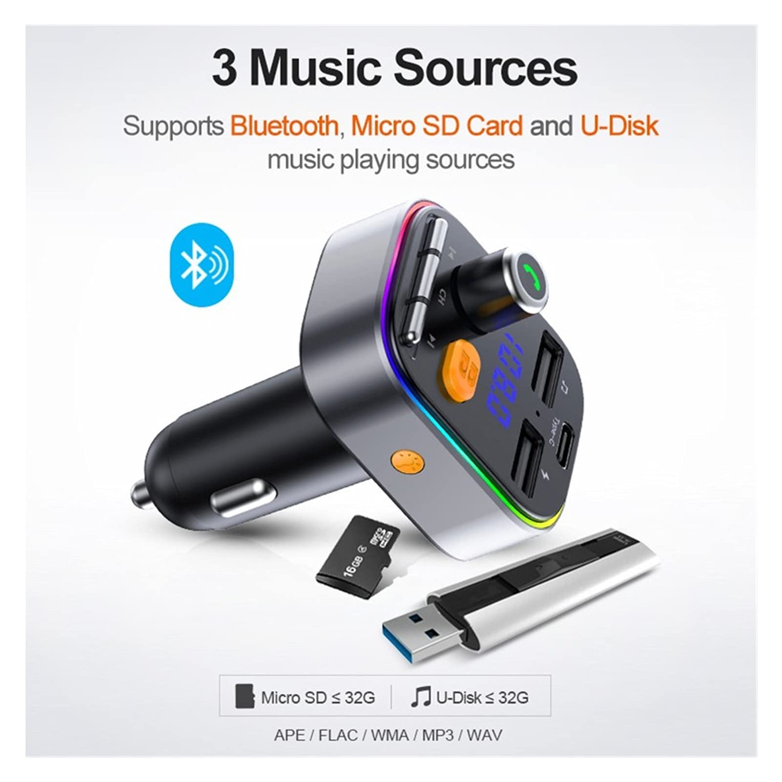 Adaptateur Audio Bluetooth Voiture multifonctionnelle MP3 Joueur FÉMININ Transmetteur Bluetooth Kit Dual sans Mains USB Support DE Charge DE Type-C TF Carte U Disk