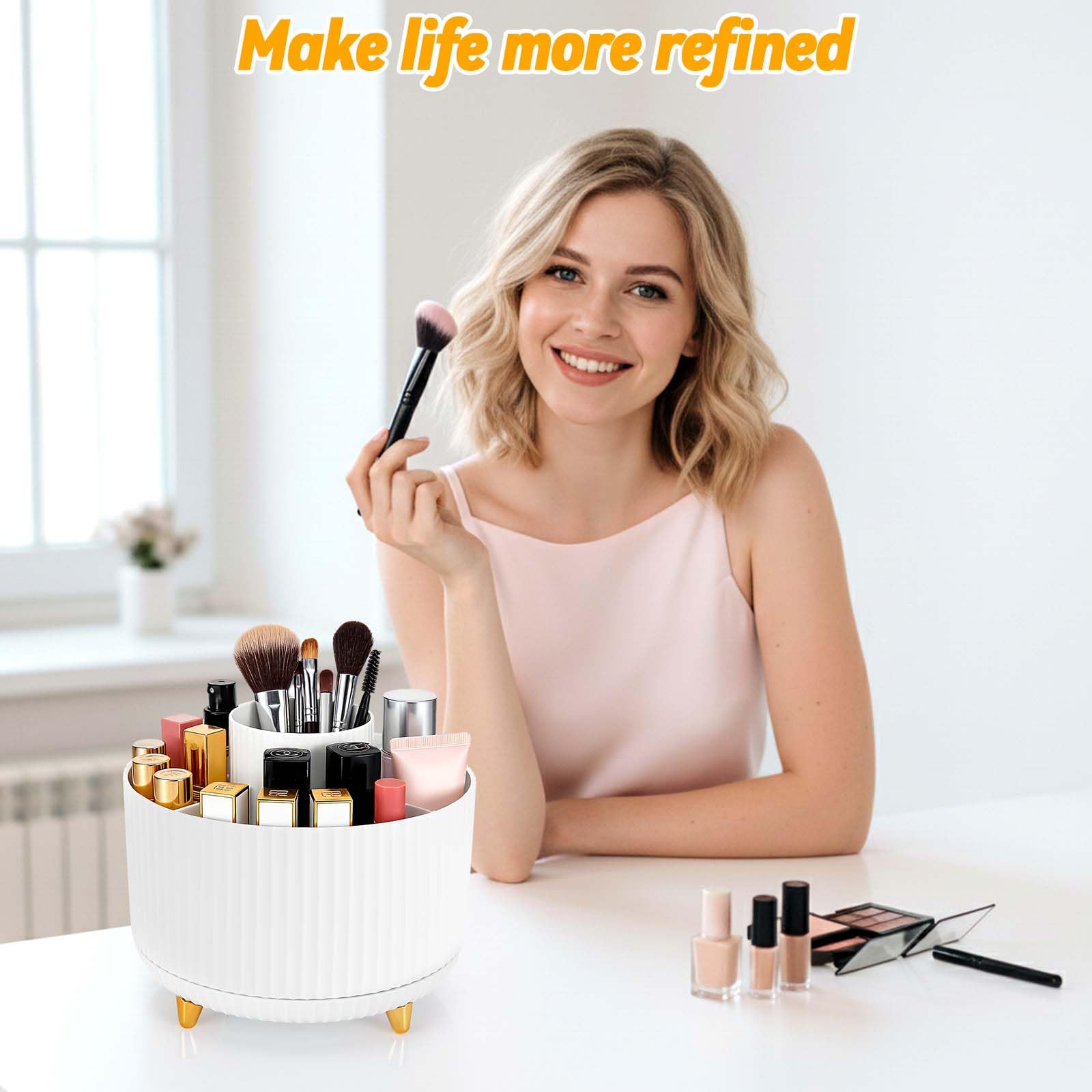 360° Rotante Porta Trucchi Organizer, Spazzola per Trucco 5 Griglie, Multifunzione Organizer per Trucco Cosmetico, Organizer Girevole per Comò, Camera da Letto, Bagno (Bianco)