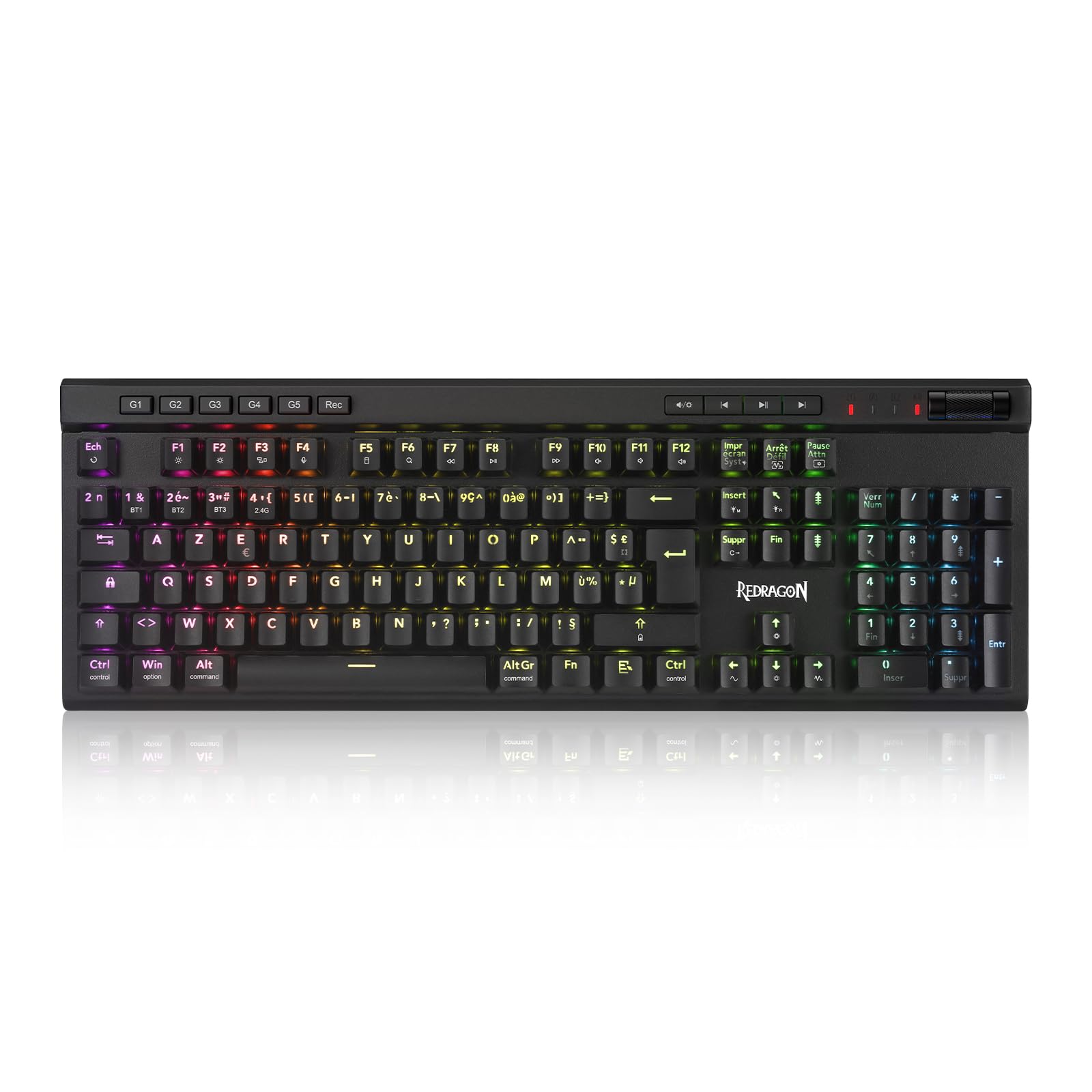 Redragon K580 Pro Clavier Mécanique sans Fil 3 Modes AZERTY RGB Hot Swap | Commandes Multimédias Dédiées Macro Embarquée Switchs Rouges Linéaires 104 Touches Anti Ghosting