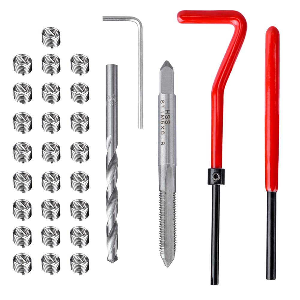 Mesee Kit di 30 Pezzi Riparazione della Filettatura M5, Set di Riparazione con Punta Elicoidale, Tap Filettato, Chiave, Inserti Filettati in Acciaio Inossidabile per Riparazione Filetti Danneggiati