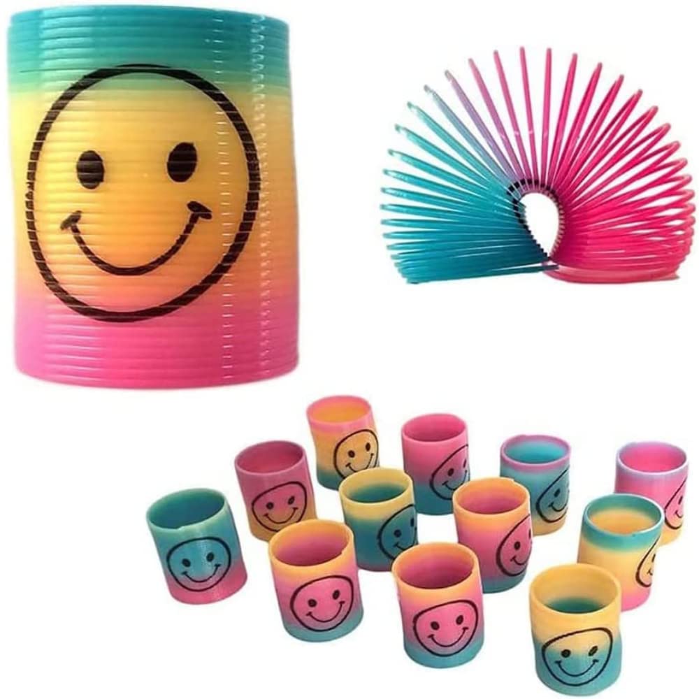 Slinky Rainbow Spring Coil Colorful Toy - Plastic Multicolor Neon Mini Portable Colorful Vibrant Toy Smiley Portable and Stretchy Toy For Boys Girls Pack of 12 Small Stress Relief Toy