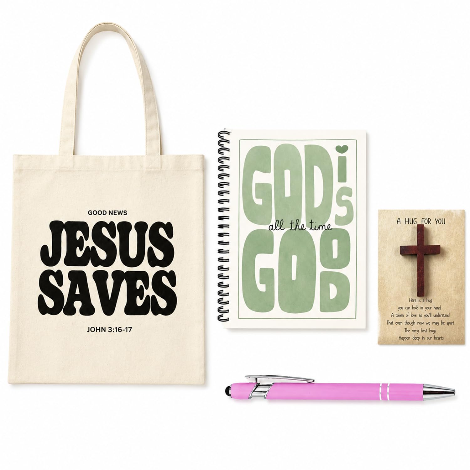 IGNITRON 5 Pcs Christian Gifts Set, Includes A5 Scripture Notebook, Tote Bag, Writing Pen, Greeting Card and Small Crucifix Cross, Inspirational Religious Faith Presents (God Is Good All The Time)