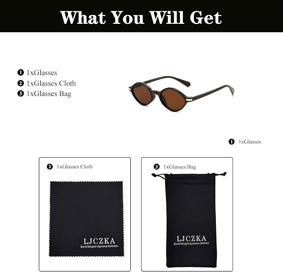 LJCZKA Retro Oval Sunglasses for Women Men, Small Round Oval Sunglasses Trendy Shades UV400 Protection for Beach Travel