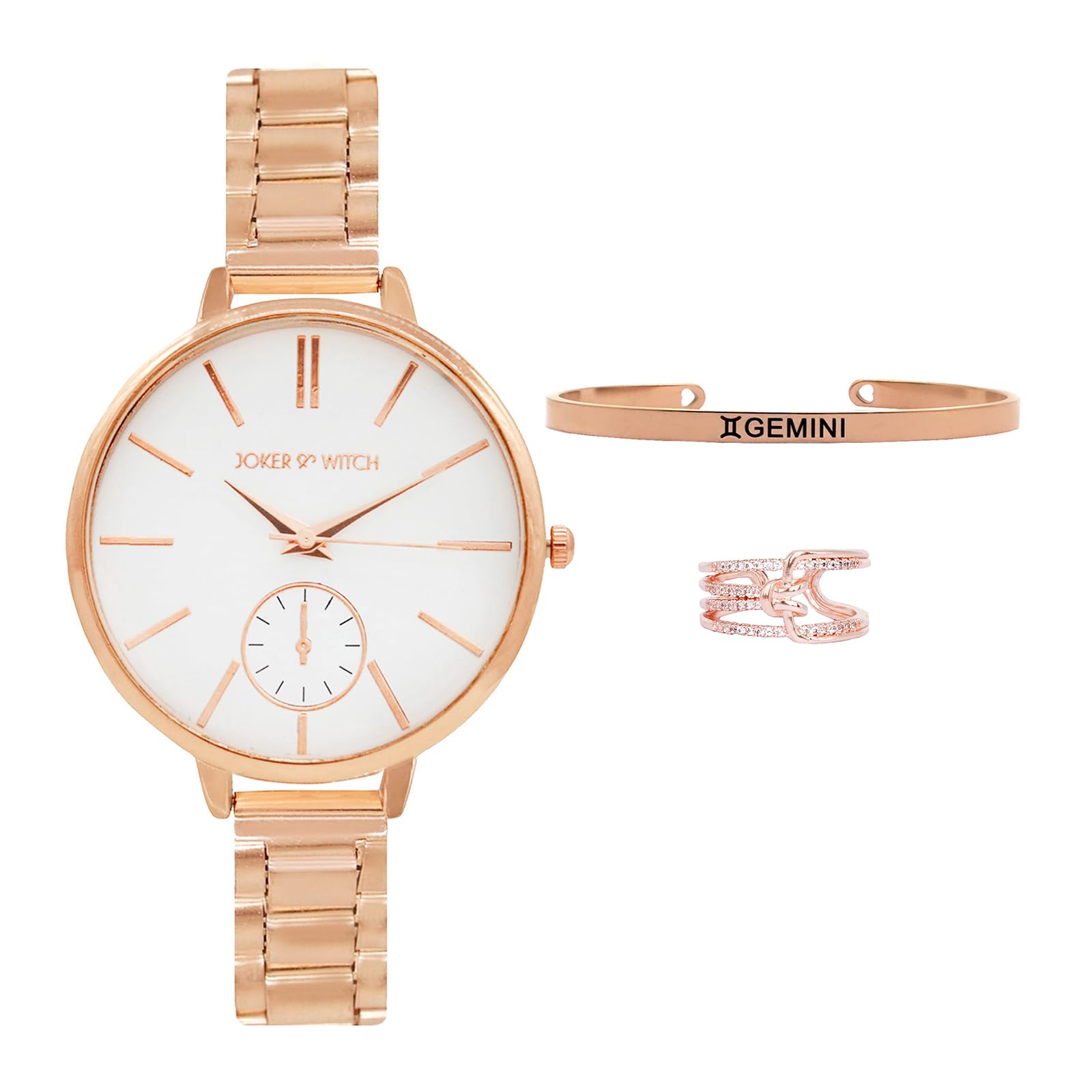 Stainless Steel Women Starry Eyes Gemini Love Triangle Analogue Watch, White Dial, Rose Gold Band