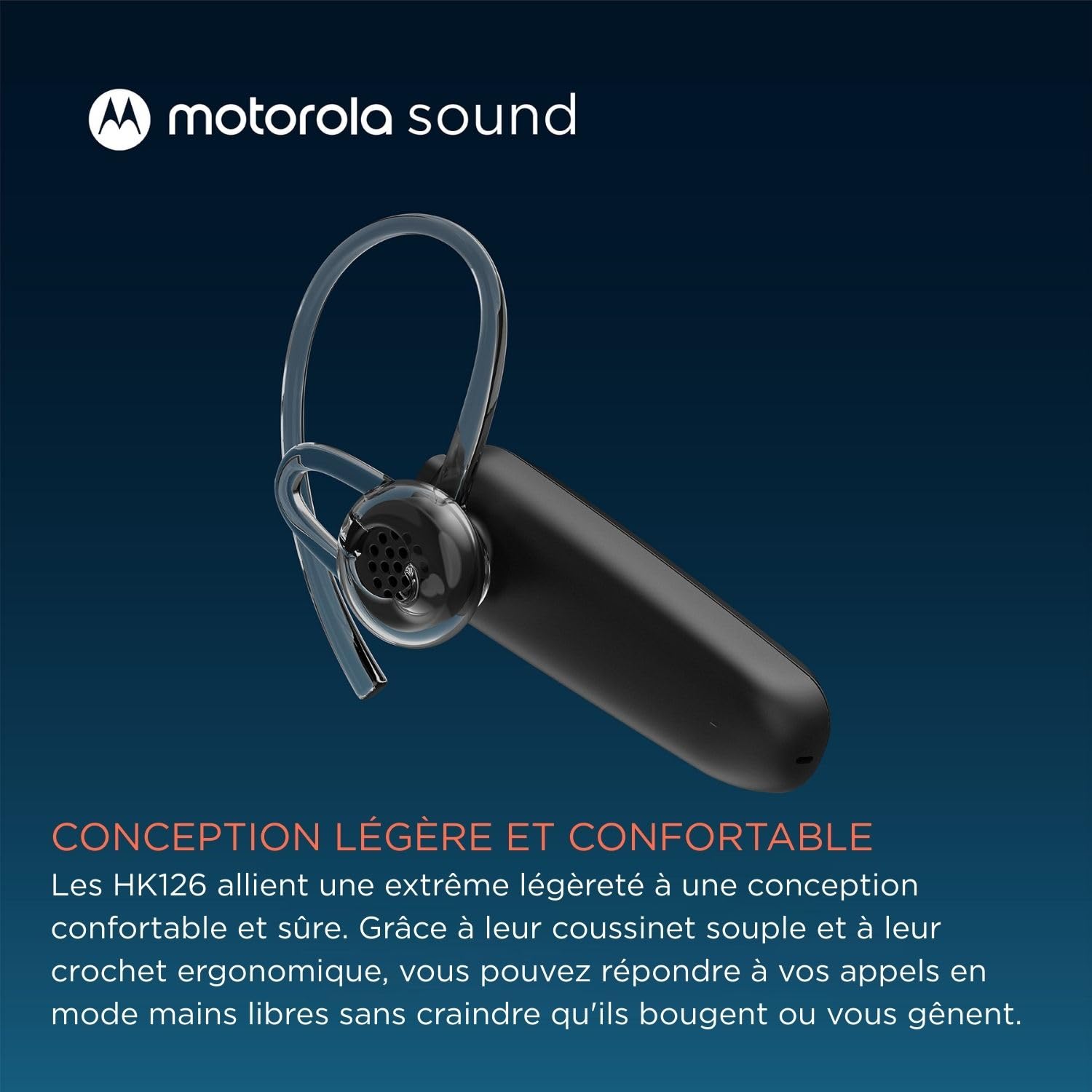 Motorola Sound - Casque Bluetooth HK126, Écouteurs intra-auriculaires Bluetooth mono sans fil avec 8 heures d'autonomie en conversation, compatible avec assistant vocal, connexion à 2 appareils