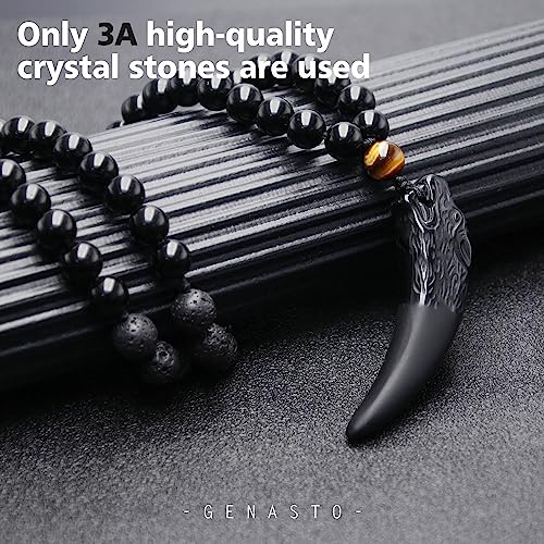 Wolf Tooth Necklace Black Obsidian Stone Beads and Tiger Eye Necklace and Tiger Eye Natural Stone Crystal Healing Prayer Necklace for Men Women4
