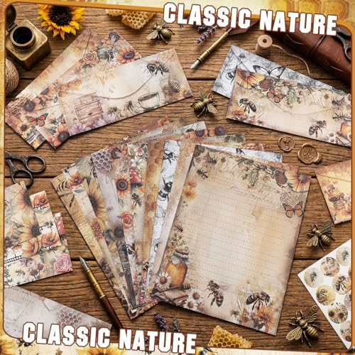 Image of TaoBary 160 Pcs Stationery Paper Set 50 Double Sided Stationery Paper with 50 Matching Envelope and 60 Round Dot Sticker, 10 Design (Vintage Bee Floral Butterfly,8.5 x 11 Inch)