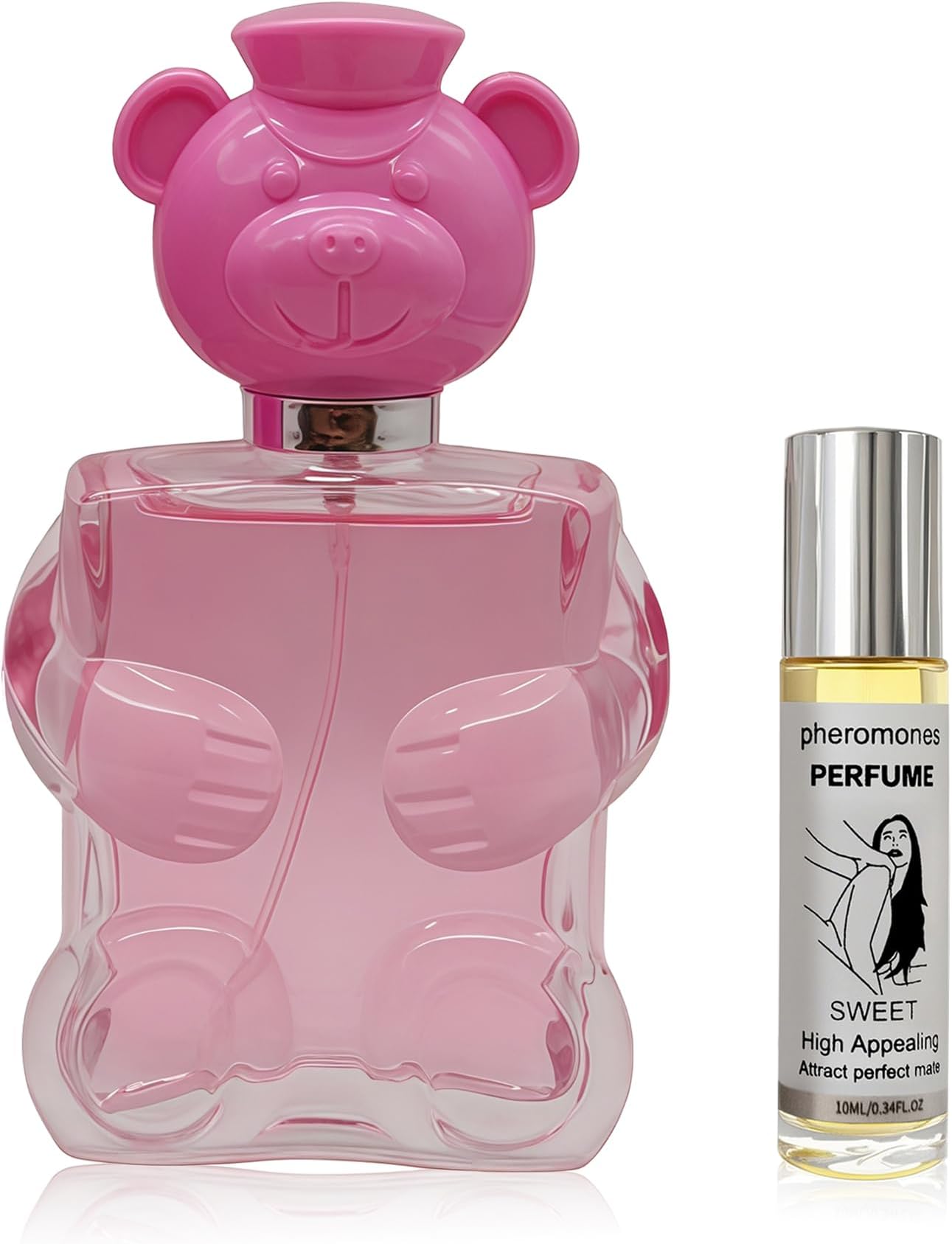 Women's Perfume Set 100ml Eau de Parfum + 10ml Pheromone Roll On Oil | Sweet Floral Gourmand Fragrance with Vanilla | Long Lasting Scent & Attraction Boost | Gift Set for Her (Honey Bear pink)
