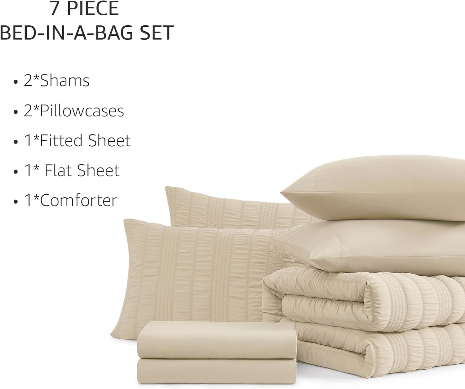 CASAAGUSTO Full Size Comforter Set, 7 Pieces Beige Seersucker Bed in a Bag Full Size Soft All Seasons, Bedding Sets with Comforter, Flat Sheet, Fitted Sheet, 2 Pillow Shams, 2 Pillowcases