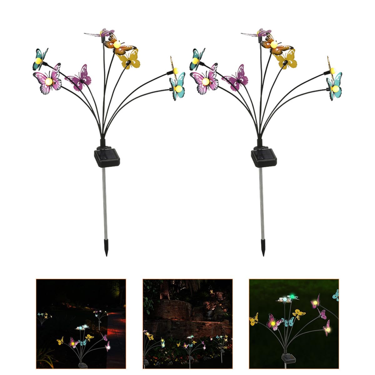 Luce da Giardino Solare a Farfalla 2 Pezzi in Acciaio Inox e Abs | Lampada Solare da Giardino Decorativa, 8 Farfalle, Illuminazione Continua 6-12 Ore
