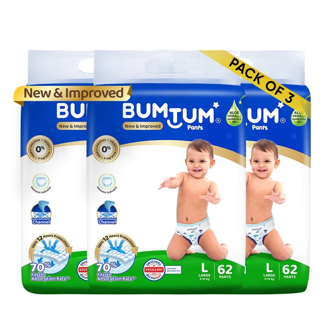 Bumtum Baby Diaper Pants, L (Size 4), 9-14 kg, Double Layer Leakage Protection Infused With Aloe Vera, Cottony Soft High Absorb Technology, 186 Diaper