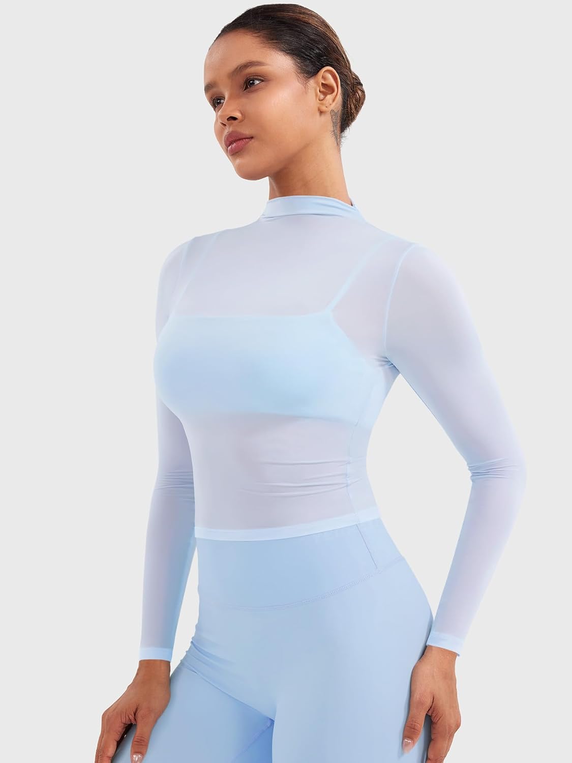 YEOREO Womens Sheer Tops Long Sleeve See Through Tops Mock Neck Slim Fit Workout Shirt Jamy Going Out Sexy Shirts - Image 4