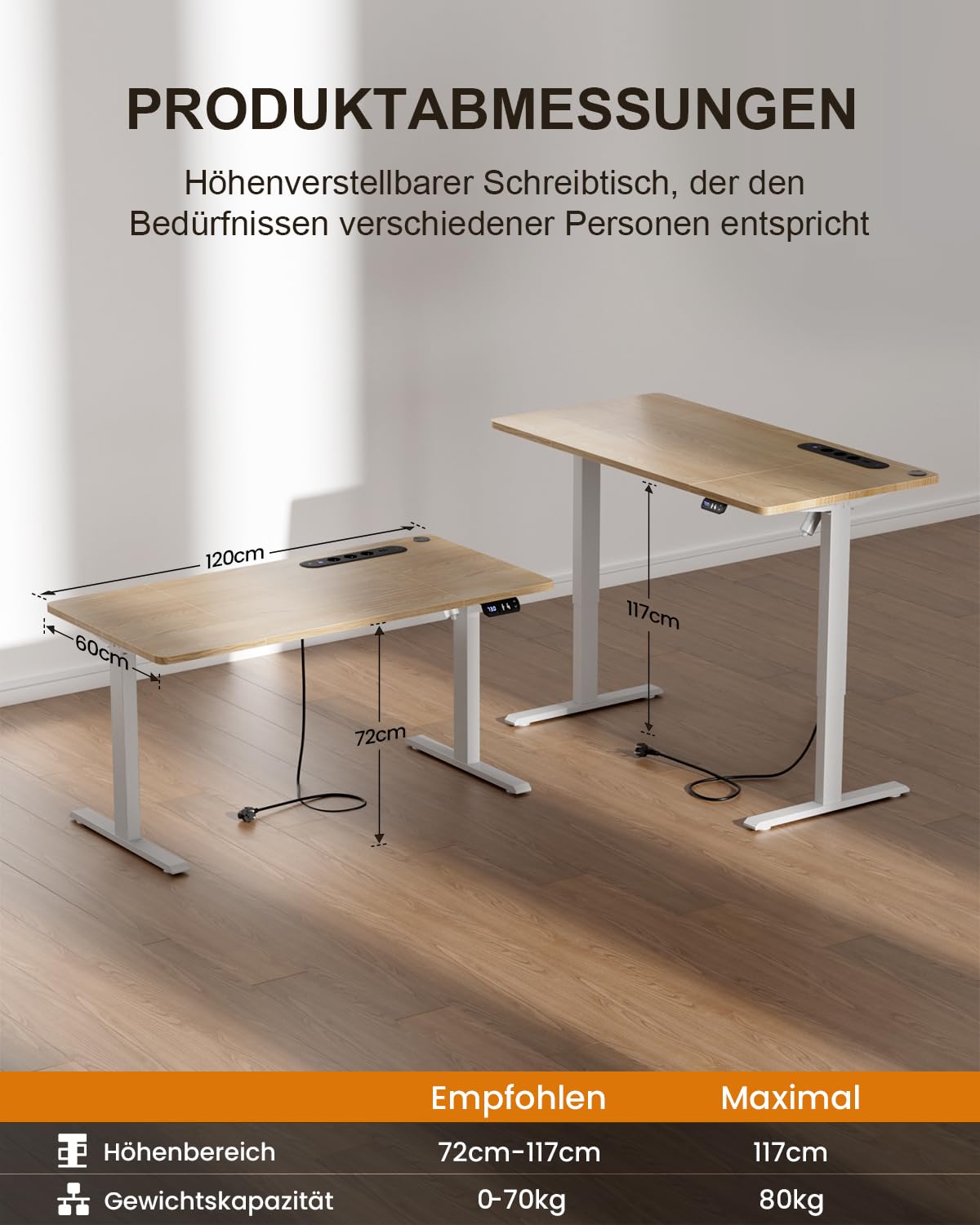 HLONONE Höhenverstellbarer Schreibtisch mit USB-Ladeanschluss und Steckdose, 120 × 60 cm Elektrischer Schreibtisch, Verstellbarer Computertisch mit 2-Funktions-Memory, Ahorn