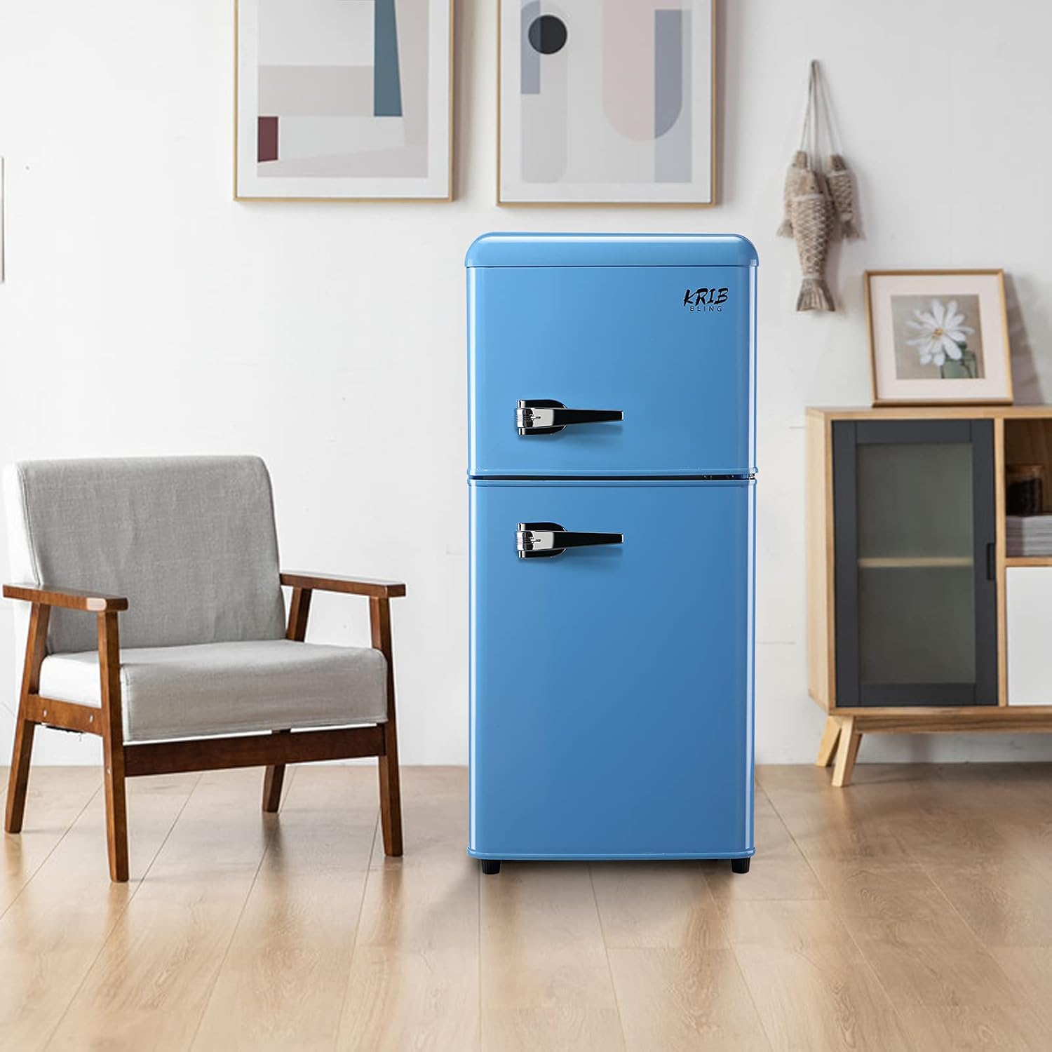 Krib Bling 3.5 Cu.ft Compact Refrigerator, Retro Mini Fridge with Freezer, Small Drink Chiller with 2 Door Adjustable Mechanical Thermostat for Home, Office,Dorm or RV Blue
