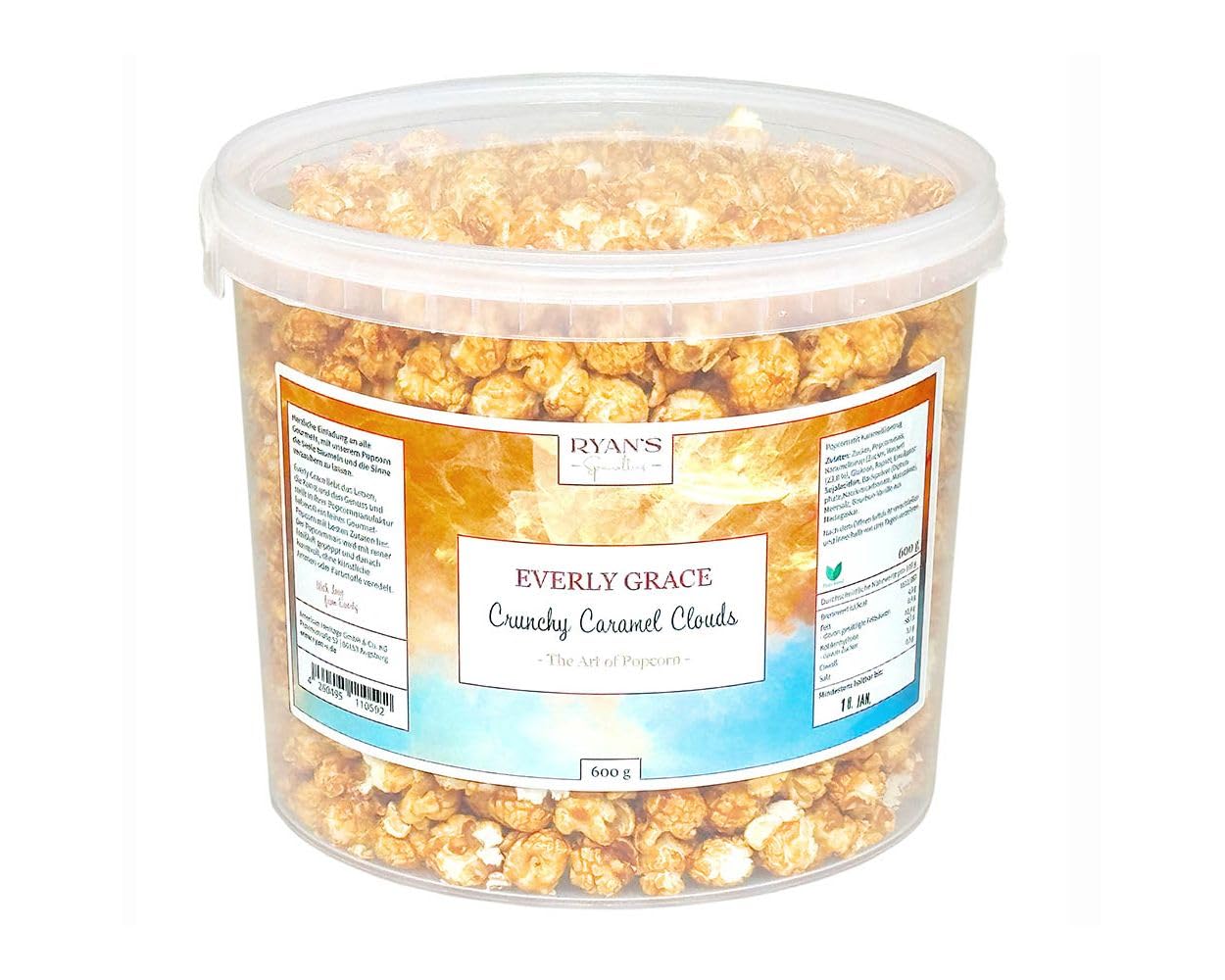 Everly Grace Popcorn – Crunchy Caramel Clouds, 600 g – Seau de popcorn au caramel sucré et vanille bourbon, fait main en Allemagne