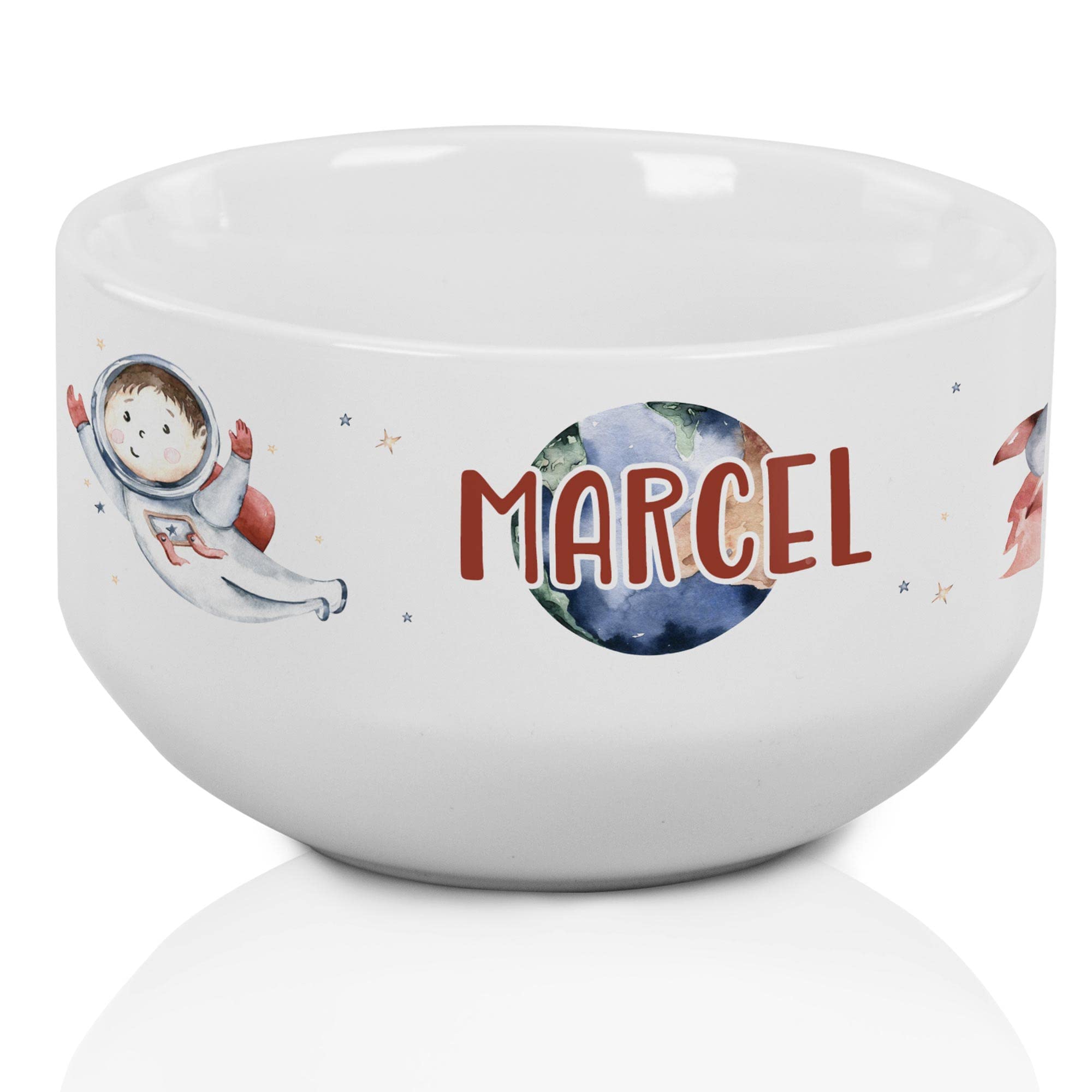 GRAZDesign Müslischale personalisiert mit Name, Kinder Schüssel als Geschenk für Mädchen und Jungen, spülmaschinengeeignet, Frühstücksschüssel Motiv Astronaut mit Planeten, Keramik