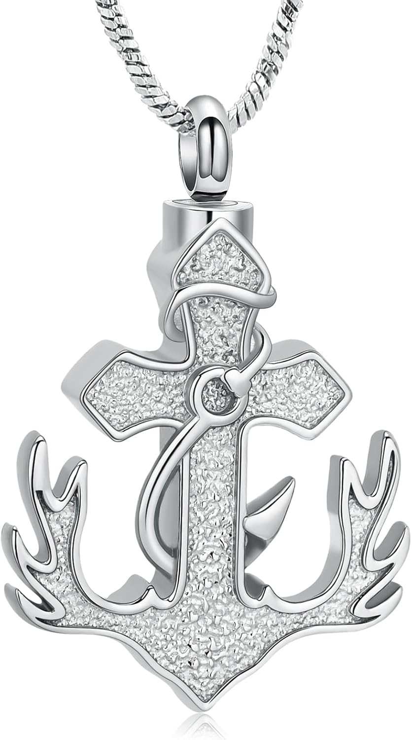 Yinplsmemory Anchor Cremation Jewelry Fish Hook Cross Urn Necklace for Women Men Stianless Steel Deer Antler Ashes Keepsake Necklace of Loved One