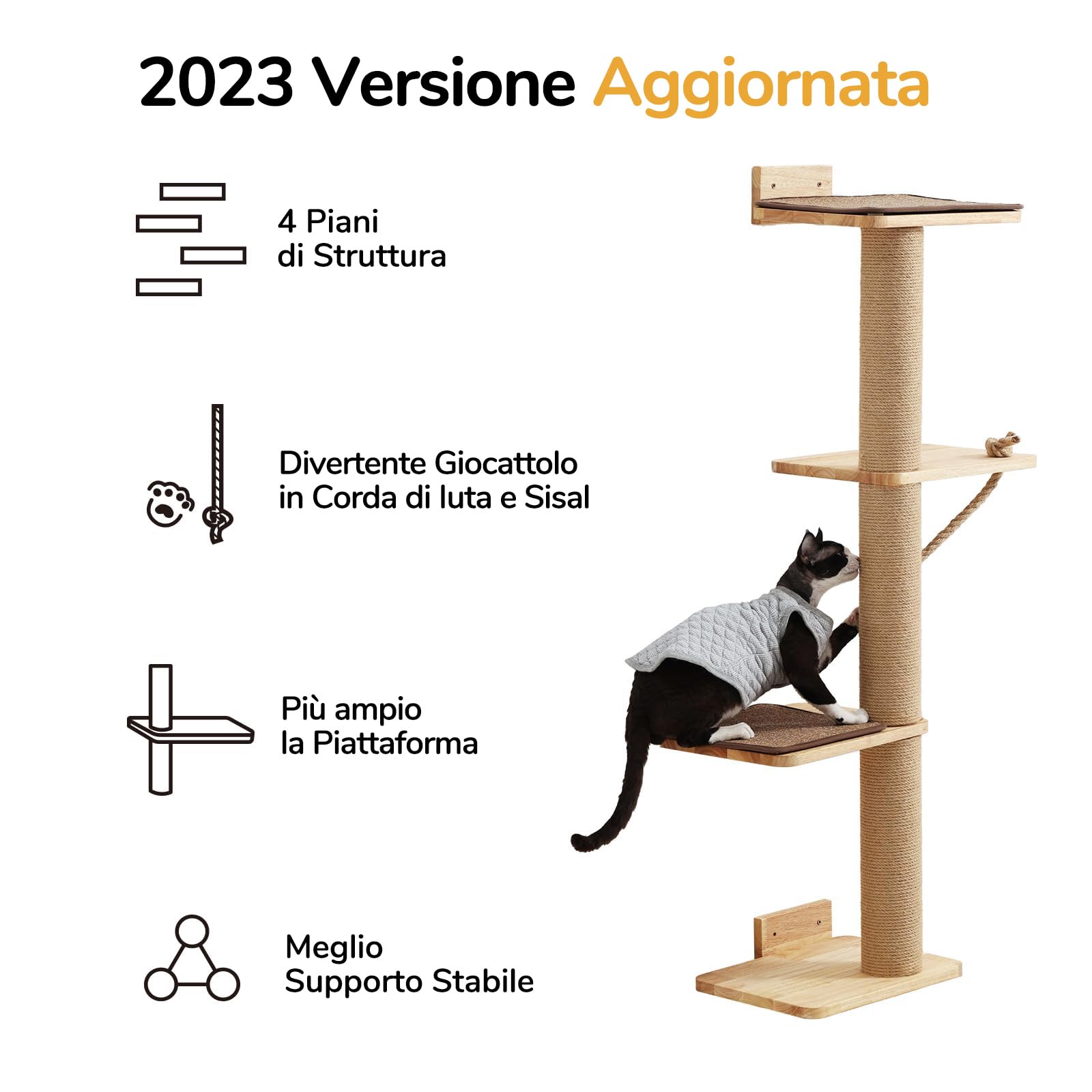 FUKUMARU Albero Tiragraffi per Gatti a Parete, Alto 127 cm, Arrampicare Mensole e Posatoi per Gatti, Legno di Gomma Massiccio,Colonne Tiragraffi con Iuta per Gatti, 4 Tappetini Tiragraffi.Grande.