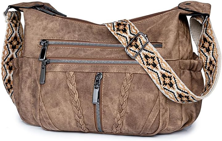 women's PU material retro large capacity multi-layer zipper embroidered wide shoulder strap crossbody bag shoulder bag casual bag（Brown）