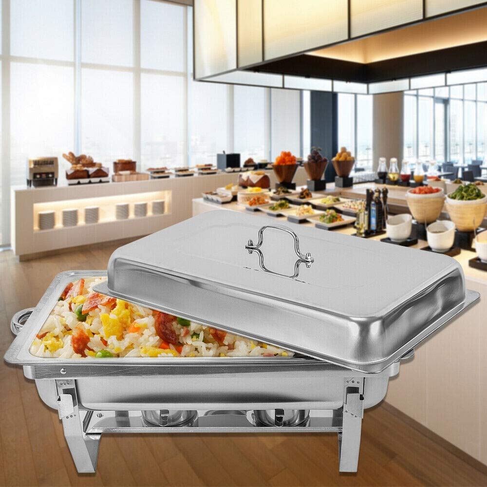 Plato para rozaduras de 9 litros y calentadores de alimentos, servidor de bufé, calentador de alimentos de acero inoxidable con tapa, marco plegable, soporte de combustible, plato de rozaduras para