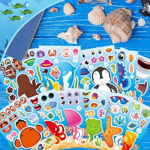 Image of Ocean Animal Stickers, Make Your Own Sea Animal Stickers | 24 Sheets Make a Face Sticker, for Kids Activities Supplies Crafts, Ocean Sea Party Favors