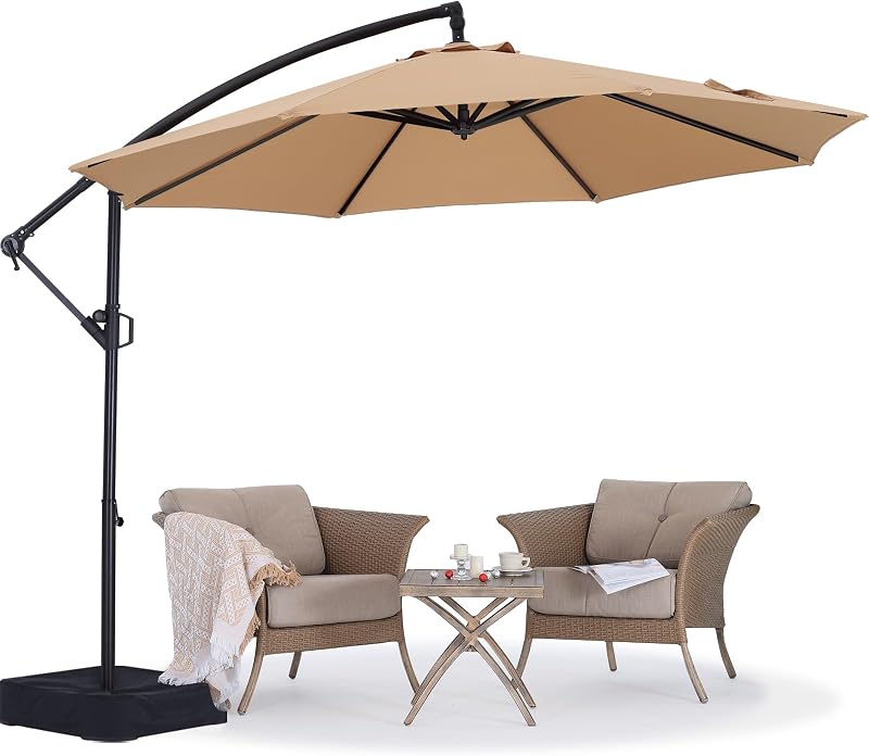 ABCCANOPY 10FT Cantilever Umbrella with Base and Weights Bag, Khaki | Offset Patio Umbrella Bonus Fix Frame&Weights Bag, 360° Rotation, Tilt, Crank Hanging Umbrella for for Backyard, Deck, Pool