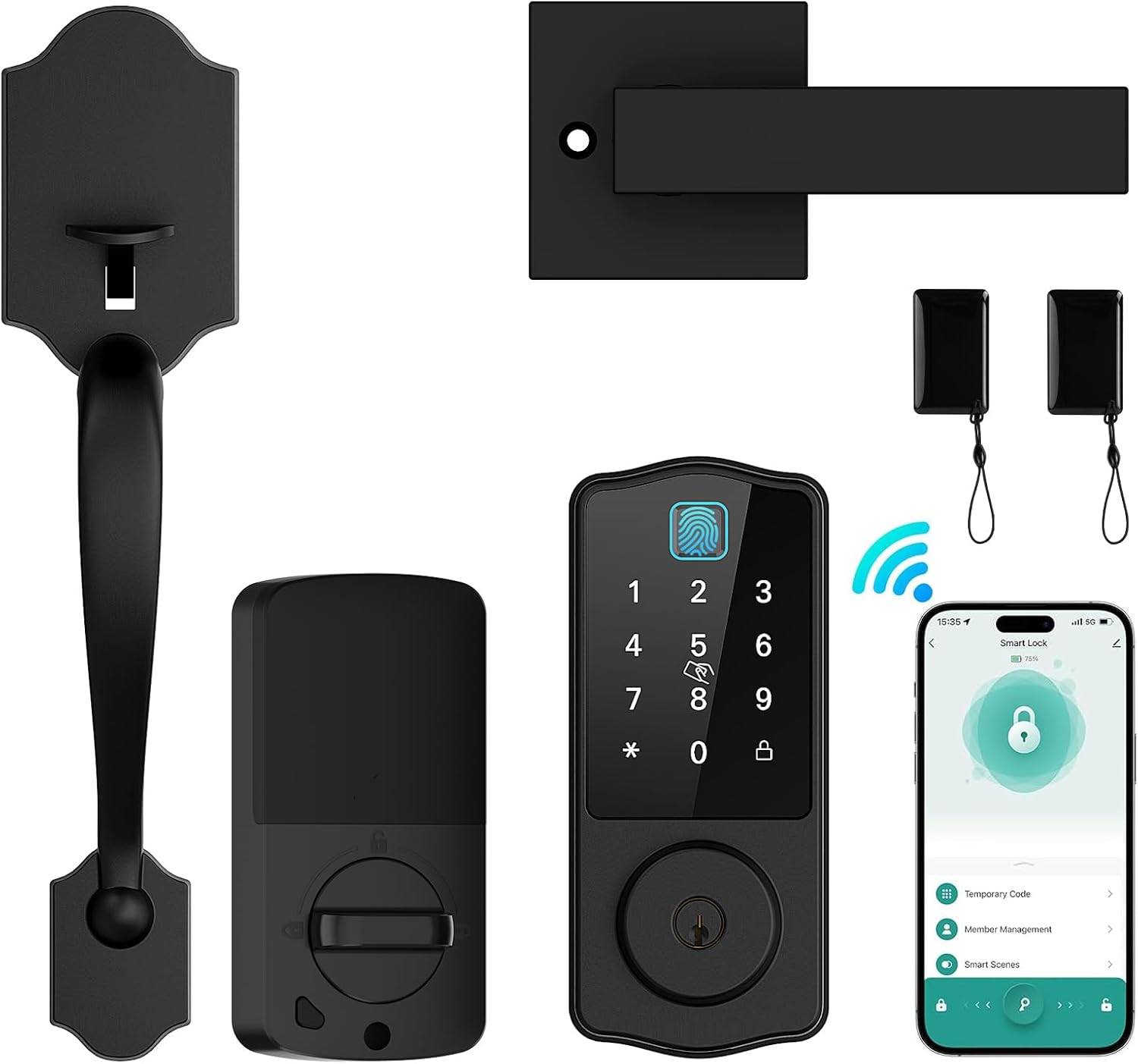 Hunnay WiFi Front Door Lock Set, Keyless Entry Door Lock Deadbolt with Handle Set, Smart Locks for Front Door, Keypad Entry Door Lock, Fingerprint Lock APP Control Bluetooth Alexa Door Lock, Black