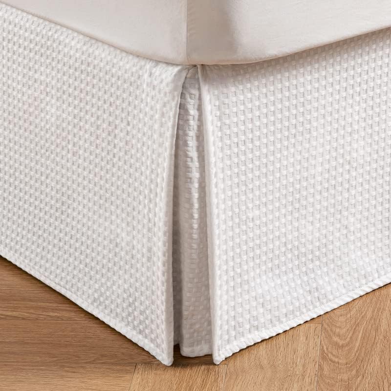 Image of MIYE Pleated Waffle Weave Bed Skirt, Tailored Dust Ruffle 18 Inch Drop Easy Fit, Machine Washable (White, King - 18 inch Drop)