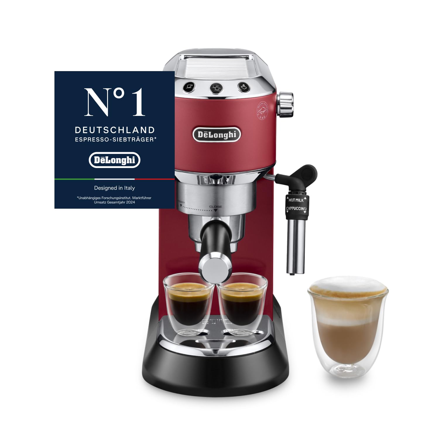 De'Longhi Dedica Style - Perfetto Kompakte Siebträgermaschine Espressomaschine mit Tasten, manuellem Milchaufschäumer für Espresso und Cappuccino, ESE Pad geeignet, 15cm breit, Rot (EC685.R)