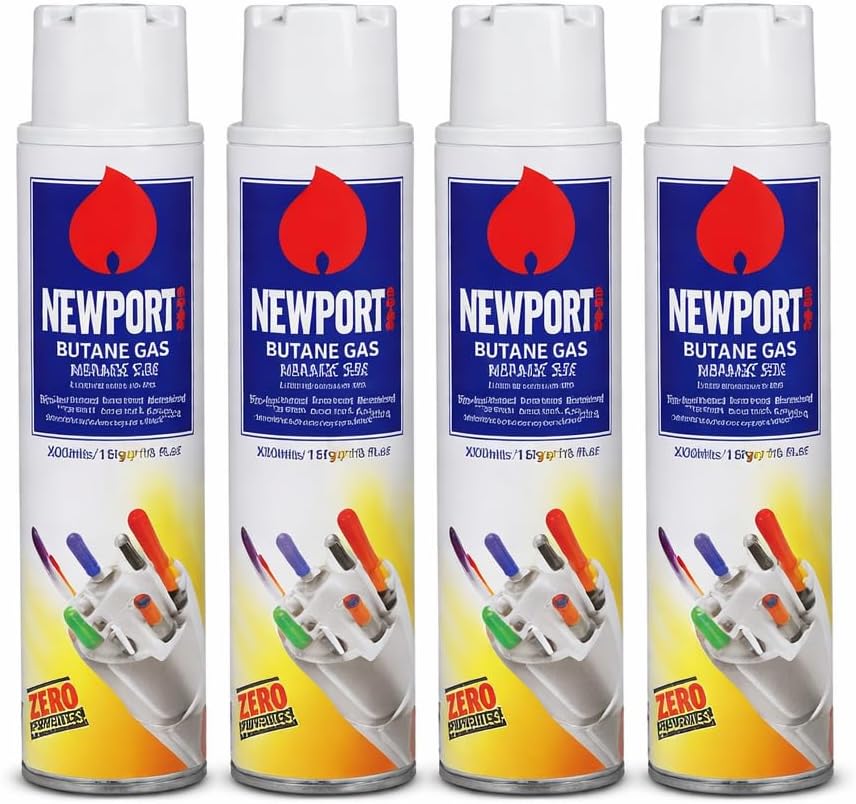 Newport Zero Ultra Refined Butane Fuel, 300ml, Near Zero Impurities, Made in UK, Universal Lighter Refill with 8 Adapters & 2 Flints, for Torch & Cigar Lighters, 4 Pack