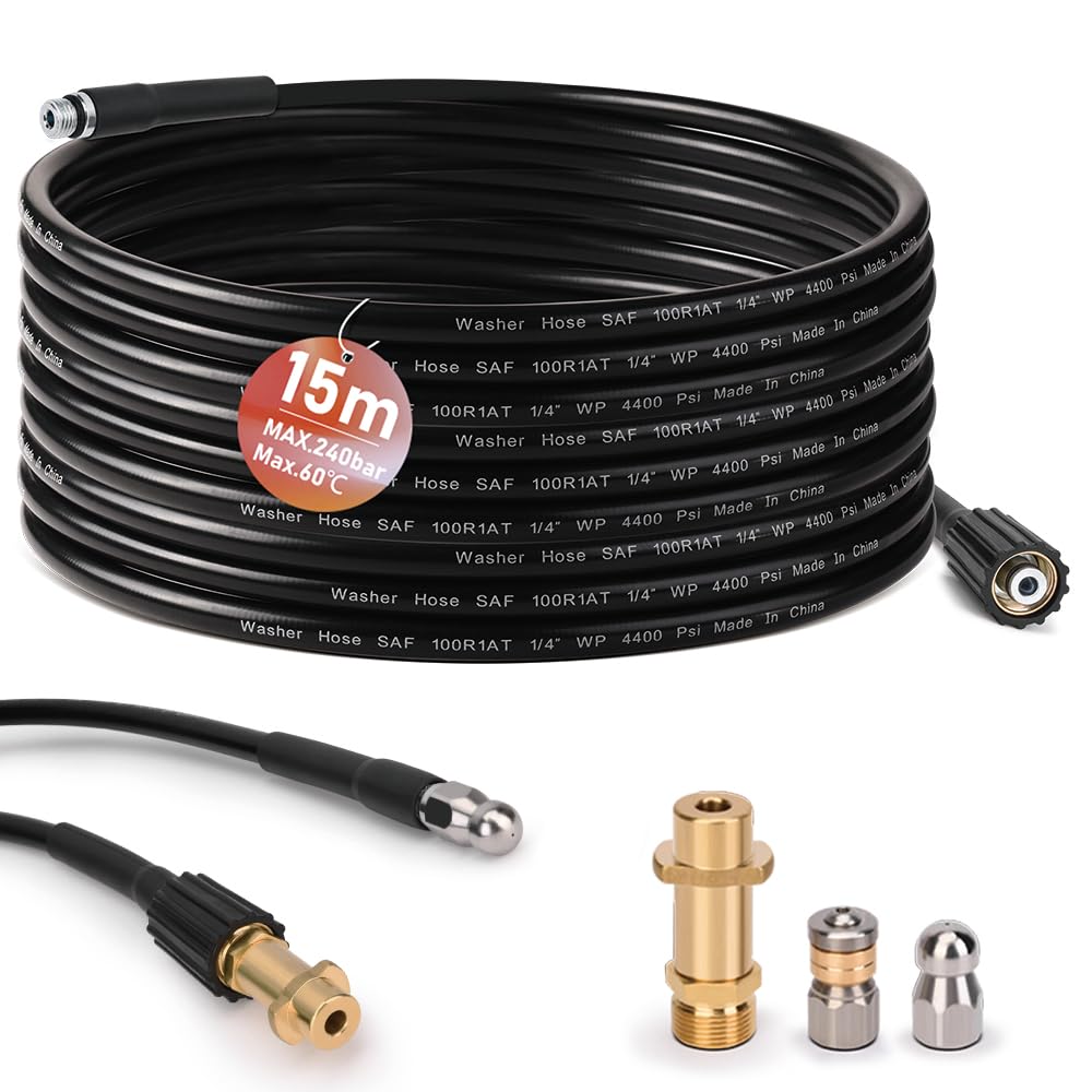 Pipe Cleaning Hose 15 m with M22 Adapter, Nozzles Rigid + Rotating, 240 Bar 60 °C Pipe Cleaning Set Suitable for Kränzle Kärcher K2-K7, Pressure Washer High Pressure Hose