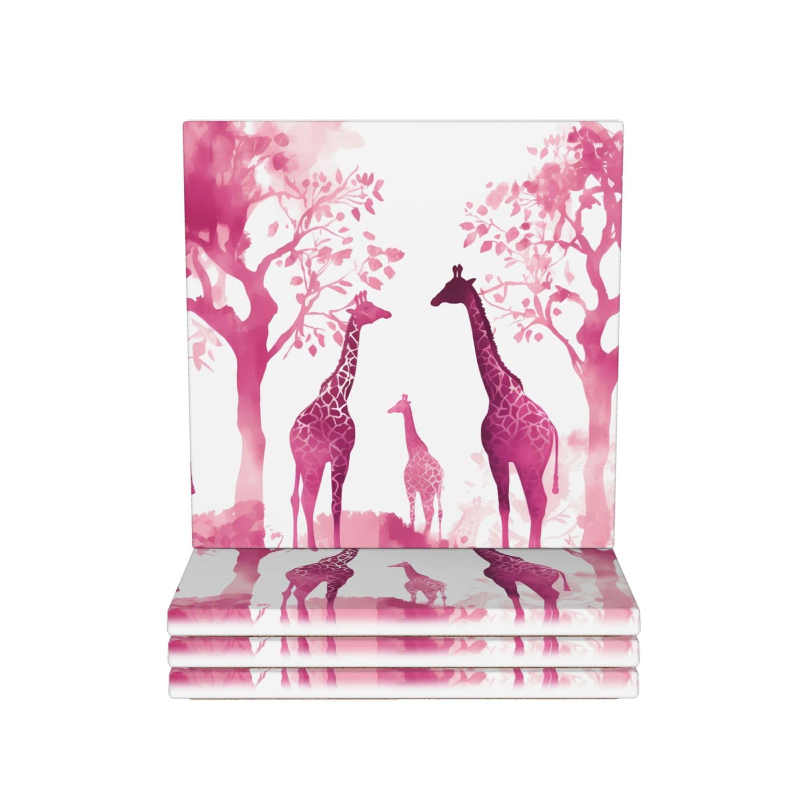 Drink Coasters Set of 4 Coffee Ceramic Coaster Silhouette of Pink Giraffe Coasters for Drinks Coffee Cup Mat Heat Resistant Tabletop Protection Coaster Desk Accessorie Home Decorative