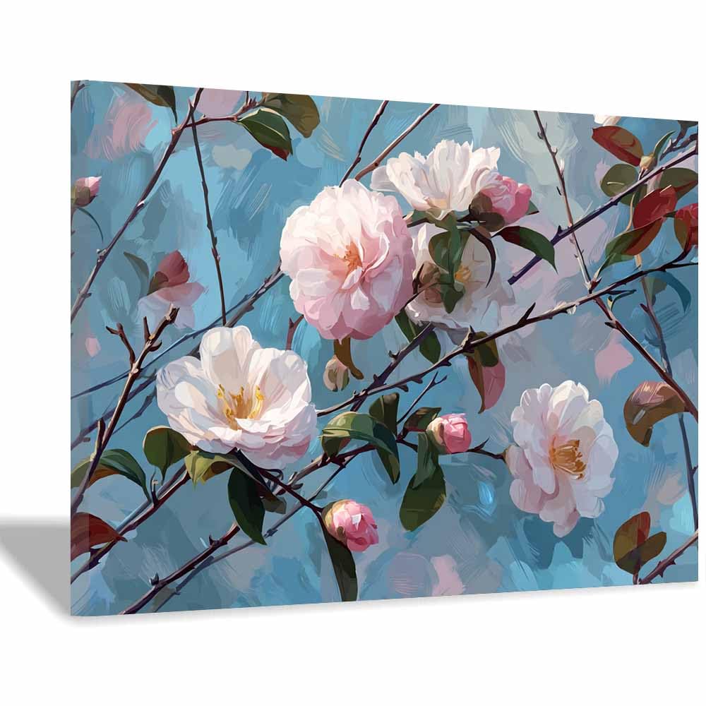 Xeniou Multicolor Flower Canvas Wall Art Soft Pink Camellia Art Canvas Wall Art, For Living Room Bedroom Restaurant Home Office Wall Decoration(Multicolor)-70X100cm Framed