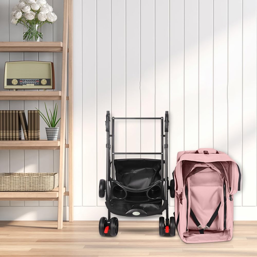 Passeggino 3 in 1 per cani e gatti, pieghevole con manico regolabile, 4 ruote, rete traspirante, grande capacità, facile da trasportare, 50 x 65 x 99 cm, rosa