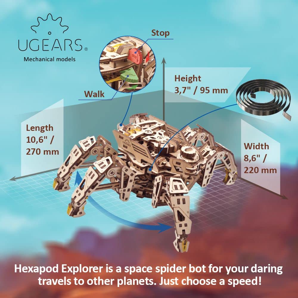 UGEARS Hexapod Explorer Puzzle 3D - Mechaniczny robot pająk - Zestawy modeli dla dorosłych z mocnym silnikiem sprężynowym - Puzzle 3D dla dorosłych i dzieci Puzzle 3D Zestaw drewnianego robota (działa do 10 stóp)