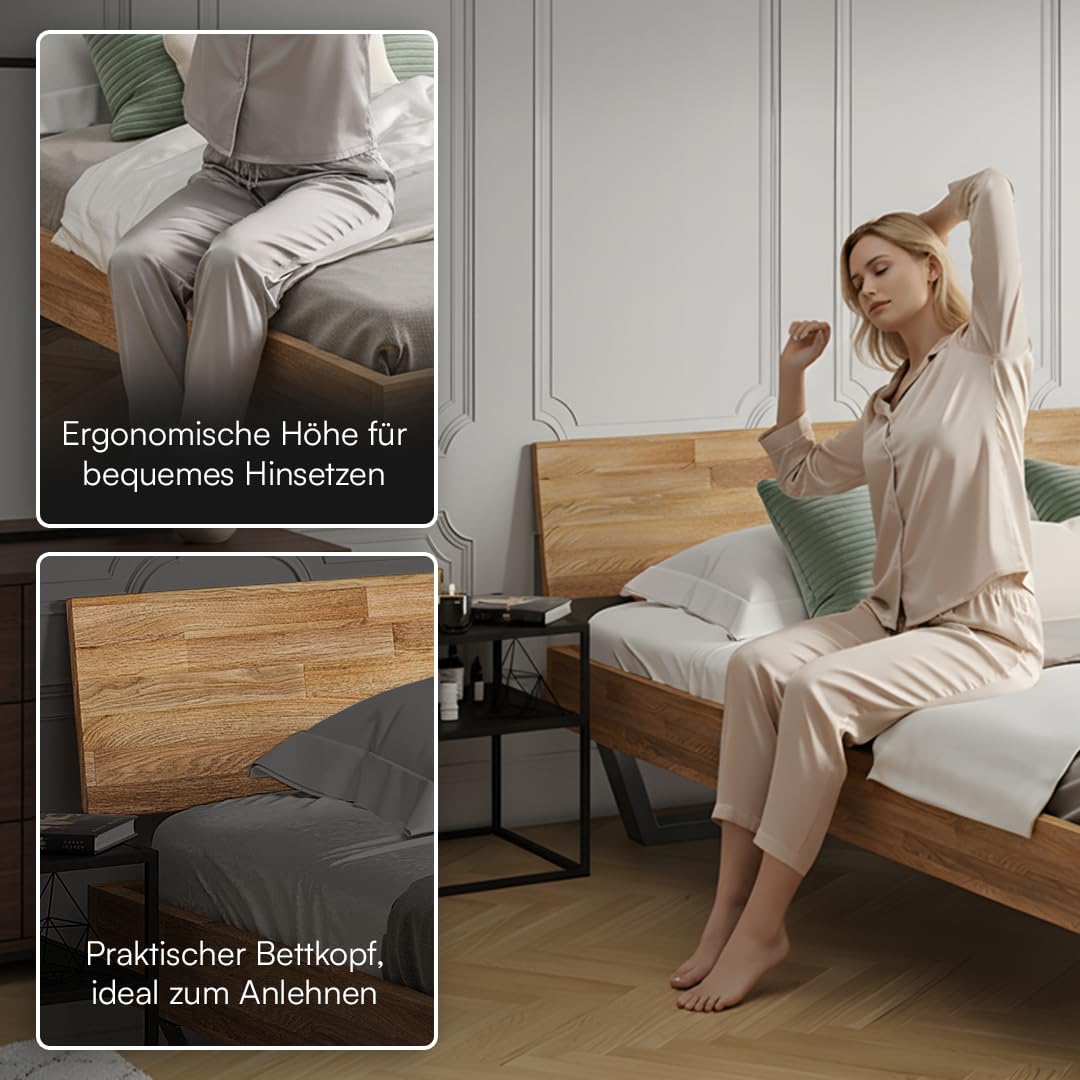 skølm Alver Massivholzbett 180x200 cm – Bettgestell aus Massivholz Eiche geölt – Holzbett mit schwarzen Metallkufen – hochwertiges Bett mit 1 Strebe als Bettkopf – Bettrahmen geeignet als Doppelbett