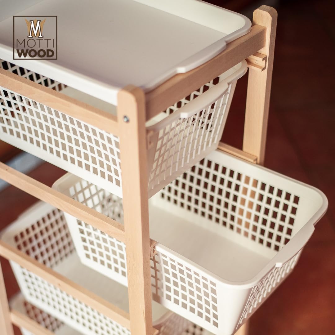 Carrito de cocina con 4 cestas, de madera de haya natural, 36,2 x 30 x 82,3 cm, montado, fabricado en Italia (natural)