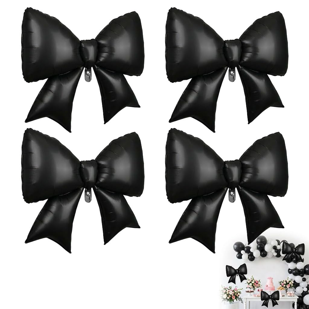 4PCS Large Black Bow Balloons, 98x75cm/38.58x29.53in Bow Theme Birthday Party Decorations Coquette Balloons for Girls Women Bachelorette Wedding Engagement Bridal Shower