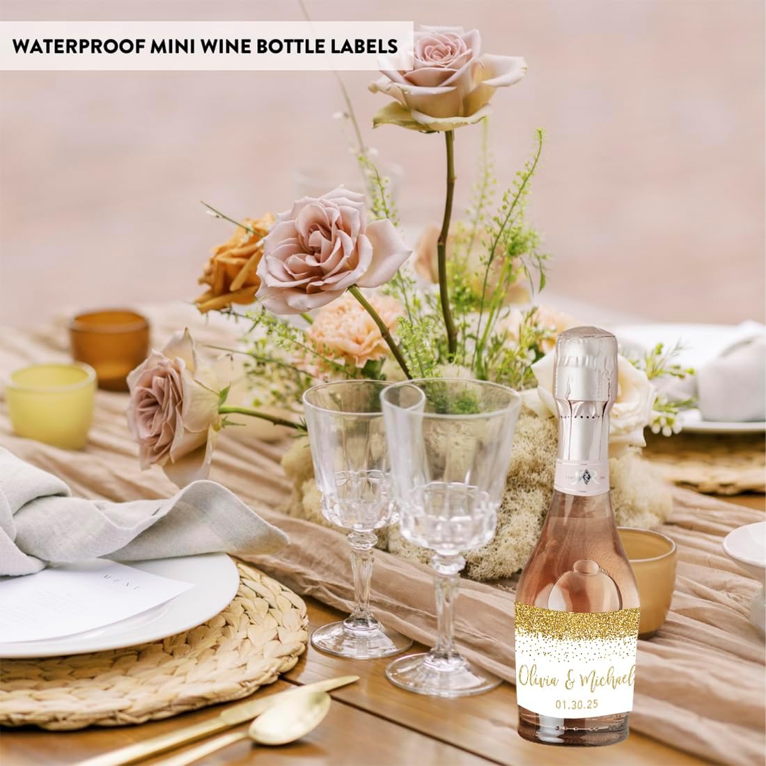 Andaz Press 20-Pack Personalized Wedding Mini Wine Labels, Faux Gold Glitter, 3" x 2" (20 QTY), Waterproof, Ideal for Mini Champagne, Wine, or Sparkling Cider Bottles, Custom Bachelorette Favors