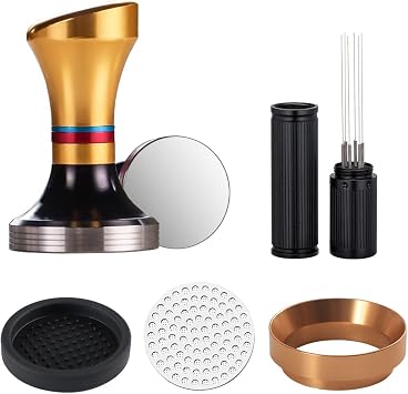 58mm Espresso Accessories Kit, 316 stainless steel Espresso Tamper, WDT Tool, Puck Screen and Dosing Funnel Set Fits Delonghi 58 mm Espresso Coffee Machines and Portafilter, Barista Tools Golden