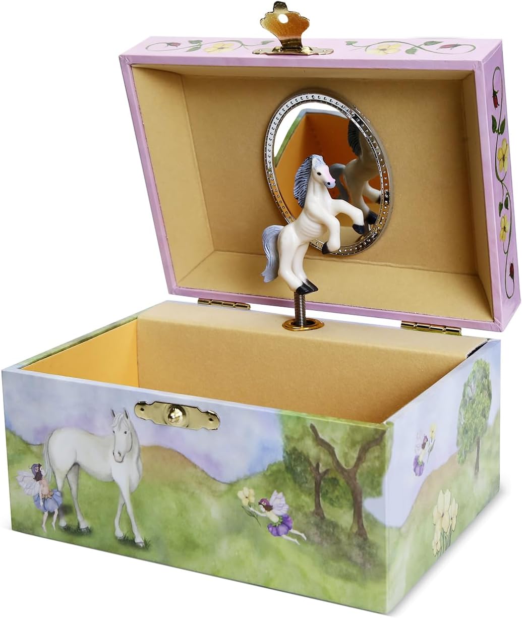 Enchantmints Fairy Horse Musical Jewelry Box for Girls White Horse Spins to Music Oval Mirror