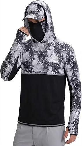 Men's Performance Fishing Shirts,Sun Protection Hoodie Long Sleeve UPF 50+ Hiking Shirt with Mask Cap