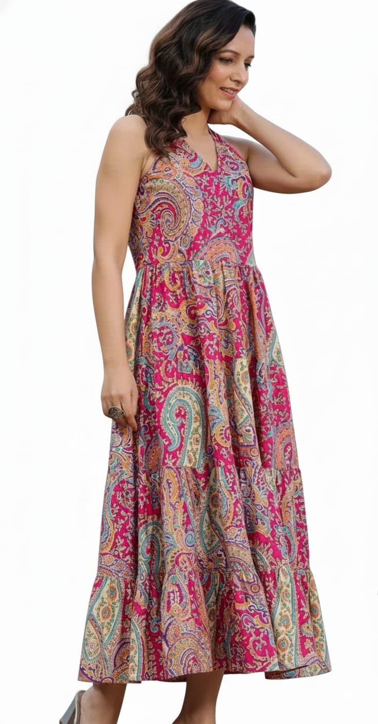 Women's Maternity Nursing Dress, Paisley Print, Cotton, V-Neck Halter Style with Side Zippers for Breastfeeding, Pre and Post Pregnancy-image-20