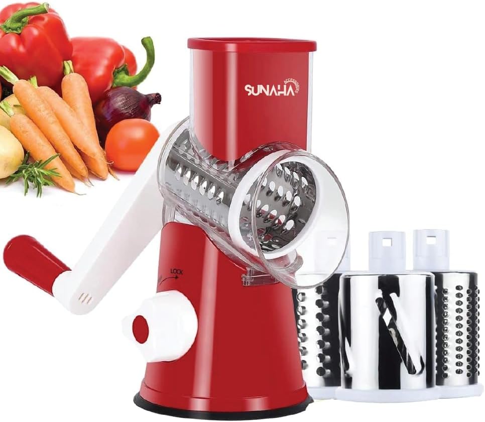Kitchen Mandoline Vegetable Slicer with 3 Interchangeable Blades Manual Rotary Drum Grater Nut Shredder Veggie Cutter Peeler Spiralizer Cheese Chopper