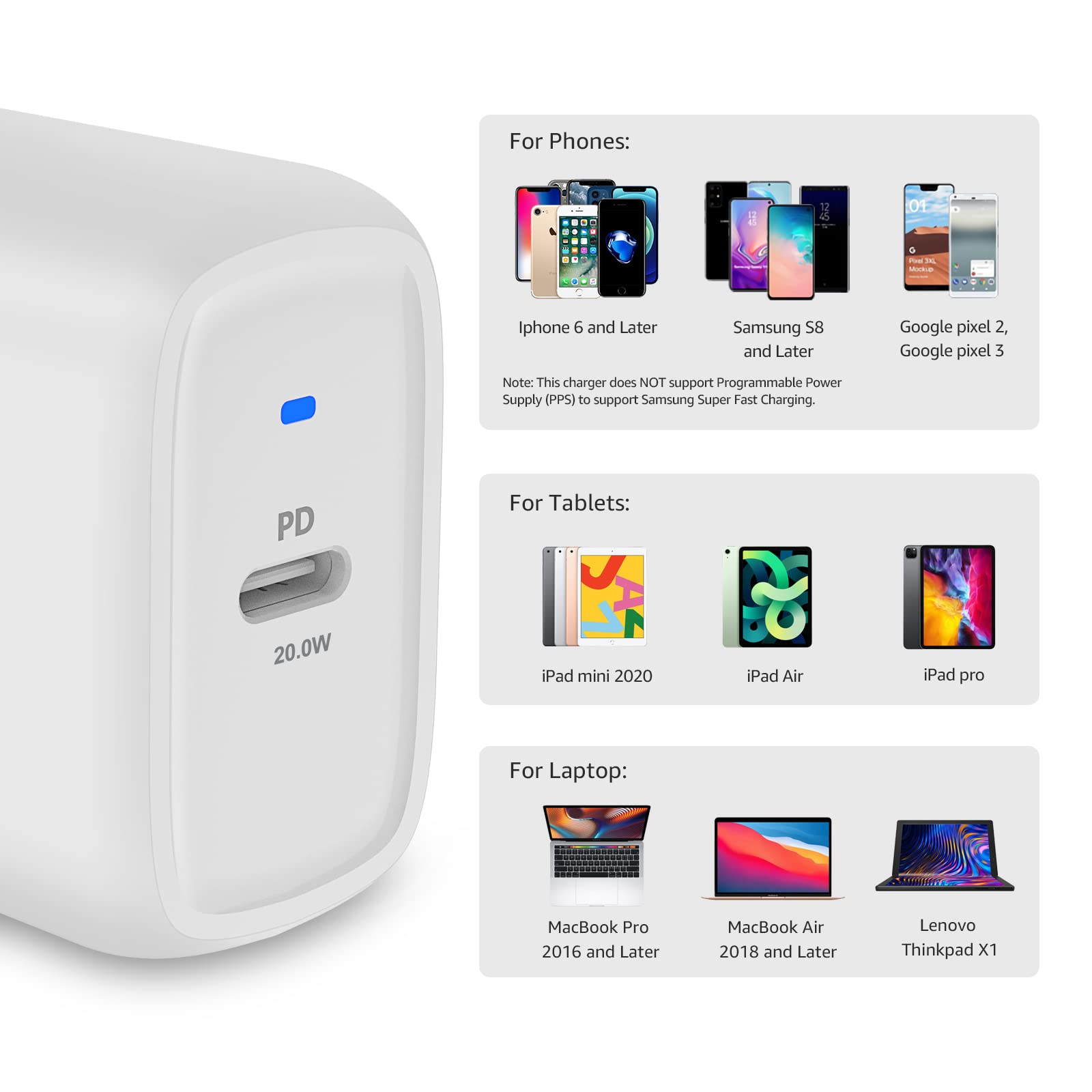 Amazon Basics Caricatore da parete con 1 porta, USB C ,da 20 W, non-GaN, spina del europea, Bianco, 2.76 x 8.3 x 4.39 cm