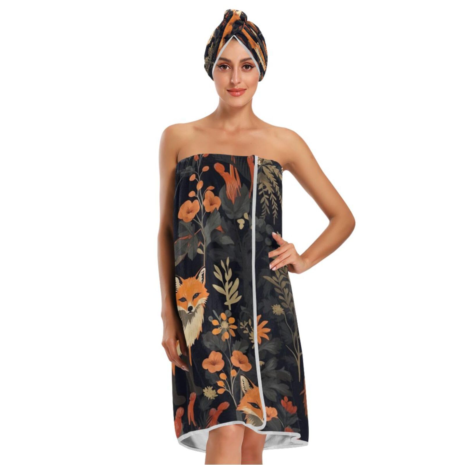 Kigai Cute Fox Towel Wrap for Women Set of 3, Adjustable Closure Bathrobe Soft Lightweight Spa Long Robes Bath Body Wrap with Dry Hair Cap & Headband