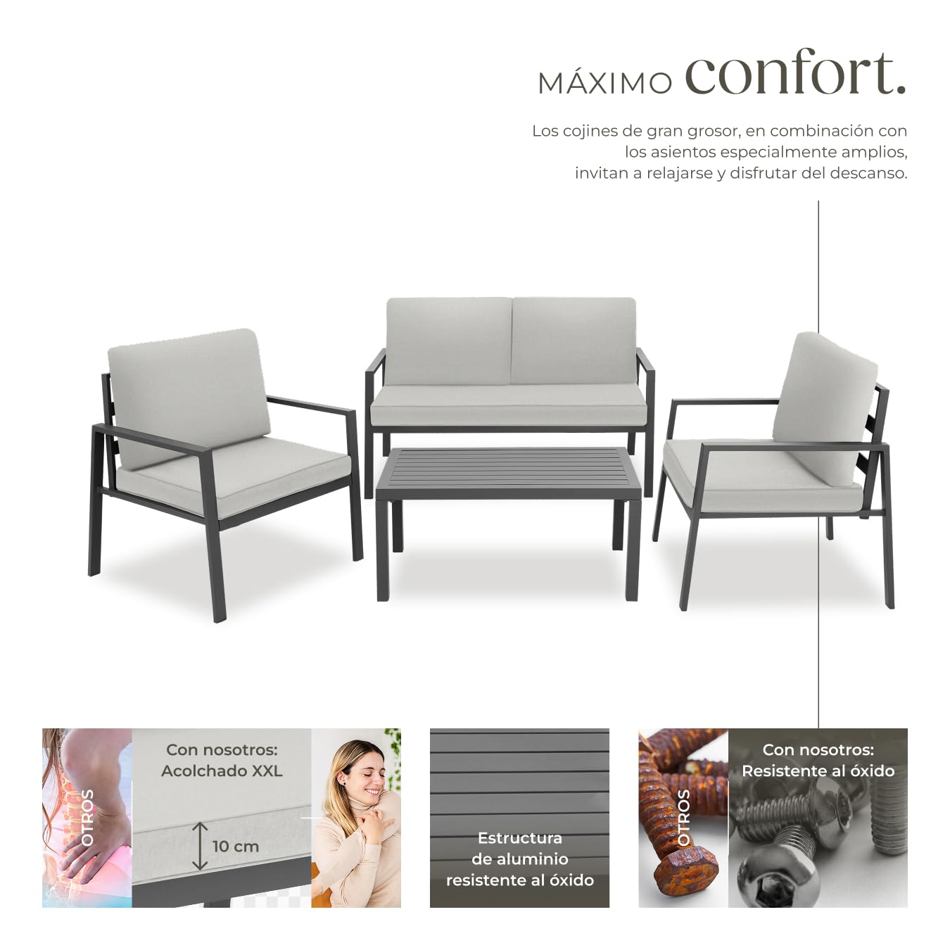 tectake® Conjunto de Muebles de Jardín 4 Piezas, 2 Sillones con Cojines Extragruesos, Muebles Jardin Exterior, Sofa Jardin y Mesa, Estructura Robusto Impermeable, Muebles Terraza Exterior - Gris Claro