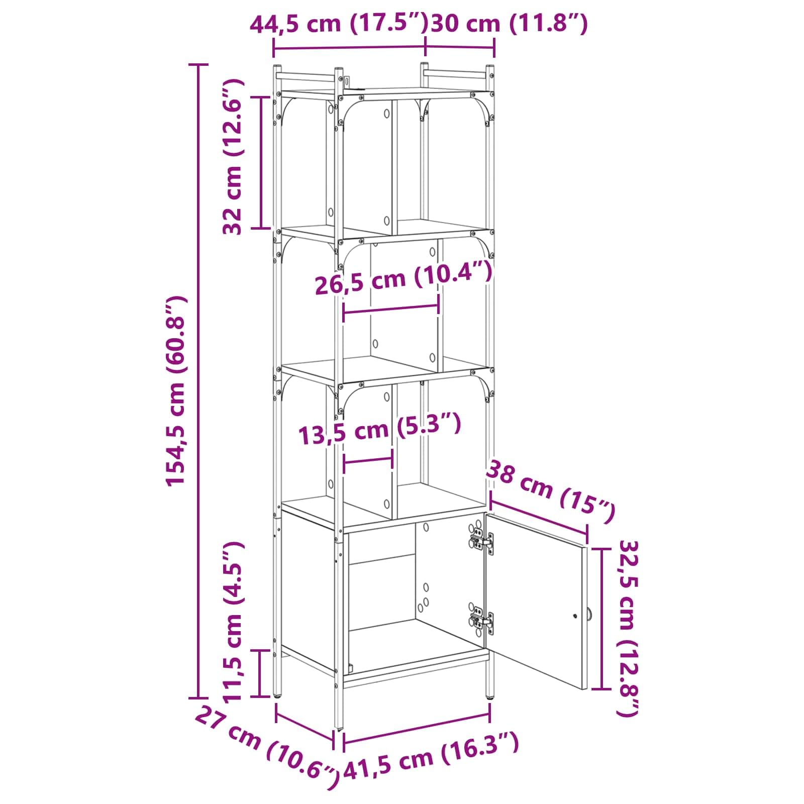 Libreria nera effetto rovere, 44,5 x 30 x 154,5 cm, con 6 ripiani aperti e porta, robusto materiale in legno, versatile, per soggiorno, studio, cameretta dei bambini