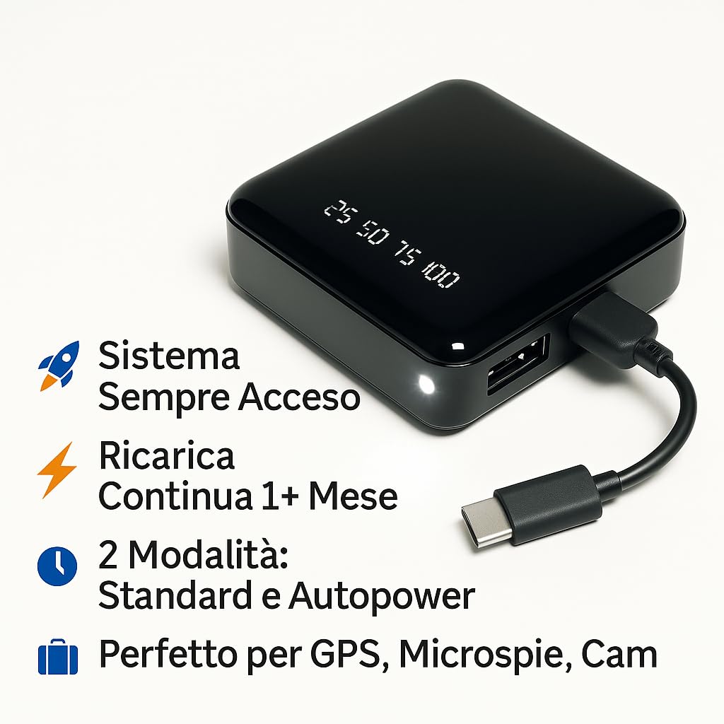 POWER BANK SEMPRE ACCESO Con Sistema Autopower – Ricarica Continua Per GPS, Microspie E Dispositivi Di Sorveglianza, Batteria 6000mAh, Display LCD