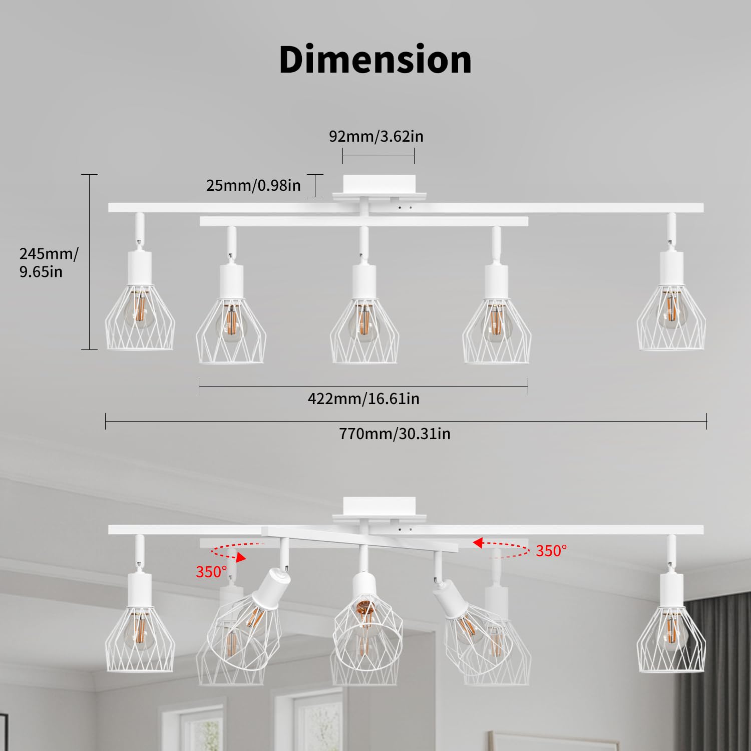 LVWIT Faretti Soffitto Bianco, Faretti Orientabili con 5 Attacco E14, Faretto da Interno Moderna, Lampadario Faretti per Barra, Salotto, Cameretta, Cucina,Corridoio Illuminazione (Senza Lampadina)